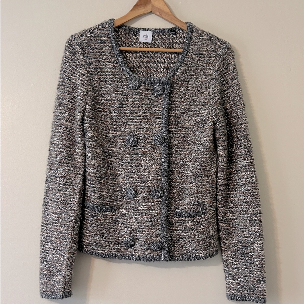 Cabi | Double Breasted Tweed Knit Sweater Coat Cardigan Gray Brown Medium